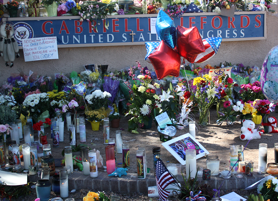 Flowers, candles, etc. dedicated to Congresswoman Gabrielle Giffords