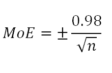 Equation: MoE = +/- ( 0.98 / ( sqrt ( n ) ) )
